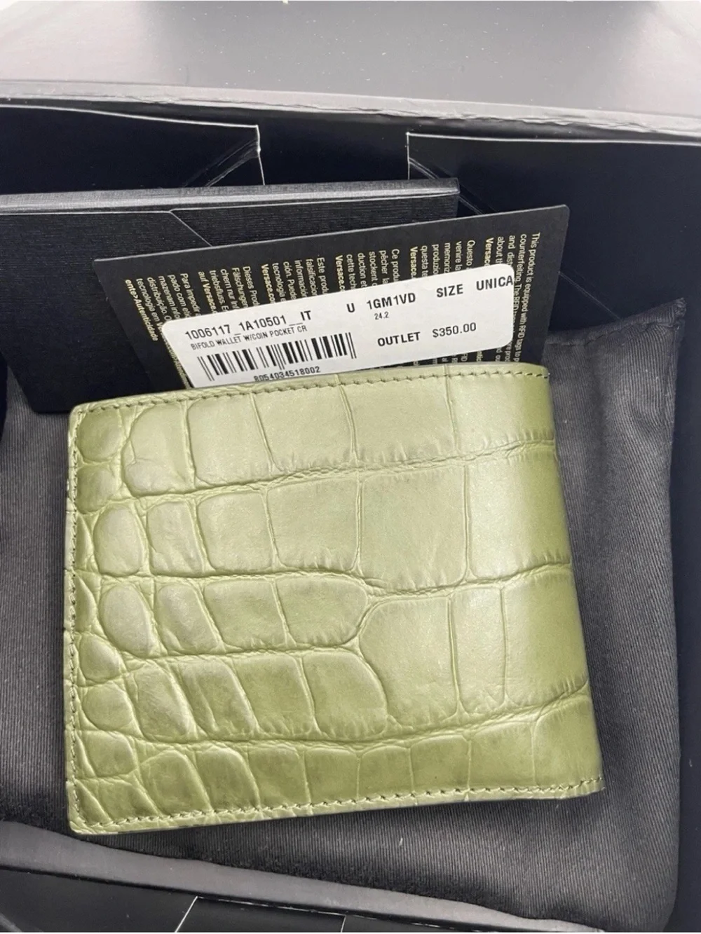 Versace Olive Green Croc-Embossed Leather Money Clip with Gold Medallion